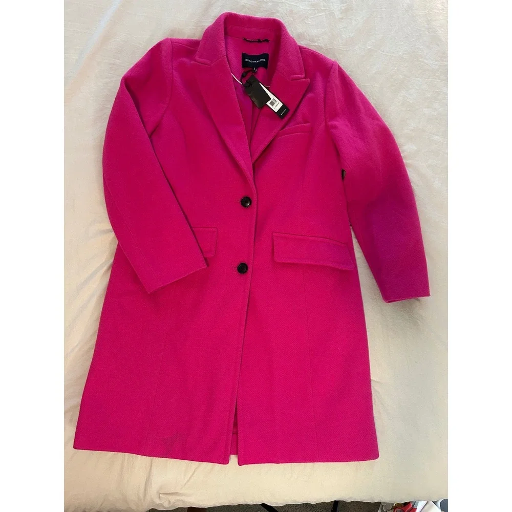 BCBGMAXAZRIA Fuchsia Pink‎ Longline Coat Womens L Notched Lapel 2-Button New